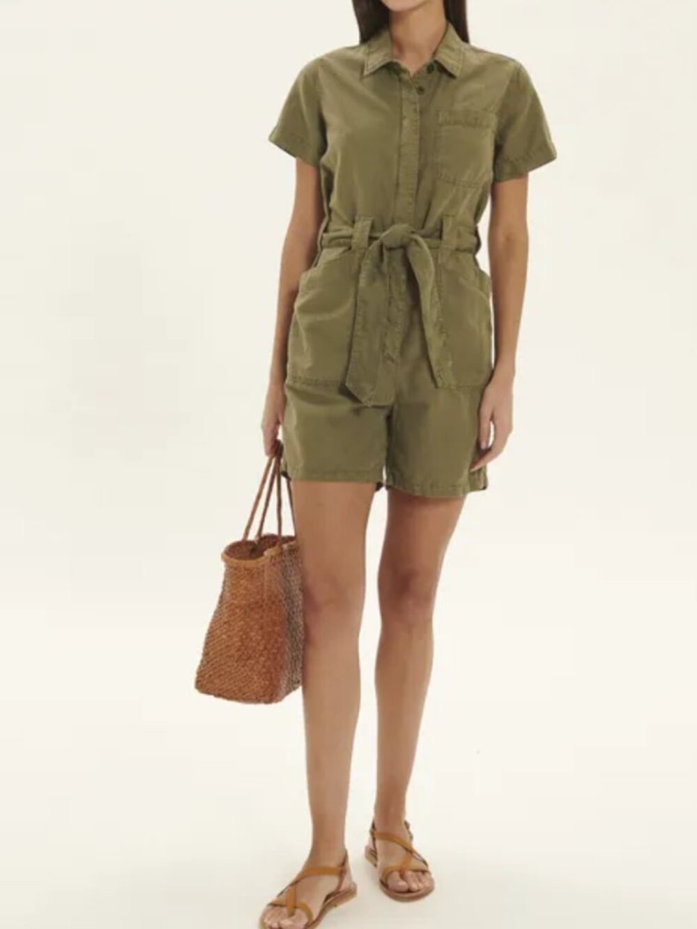 Hartford Alternative Classic Sana Playsuit Romper 3 / L Olive Green Cotton Linen